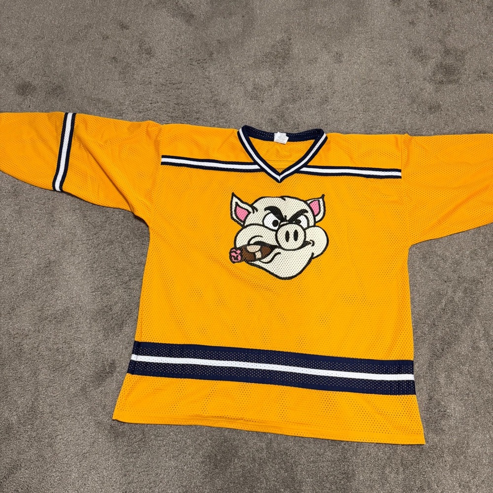 Athletic Knit Mens XXLT Gold Hockey Jersey Number 3 Pig Cigar Logo‎